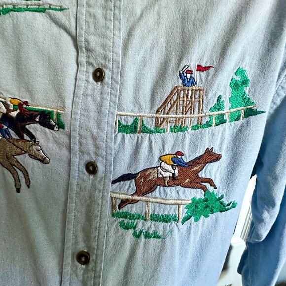 Vintage Ruff Hewn Men's Medium DIY Derby Horse Race Embroidered Denim Shirt - Picture 5 of 9